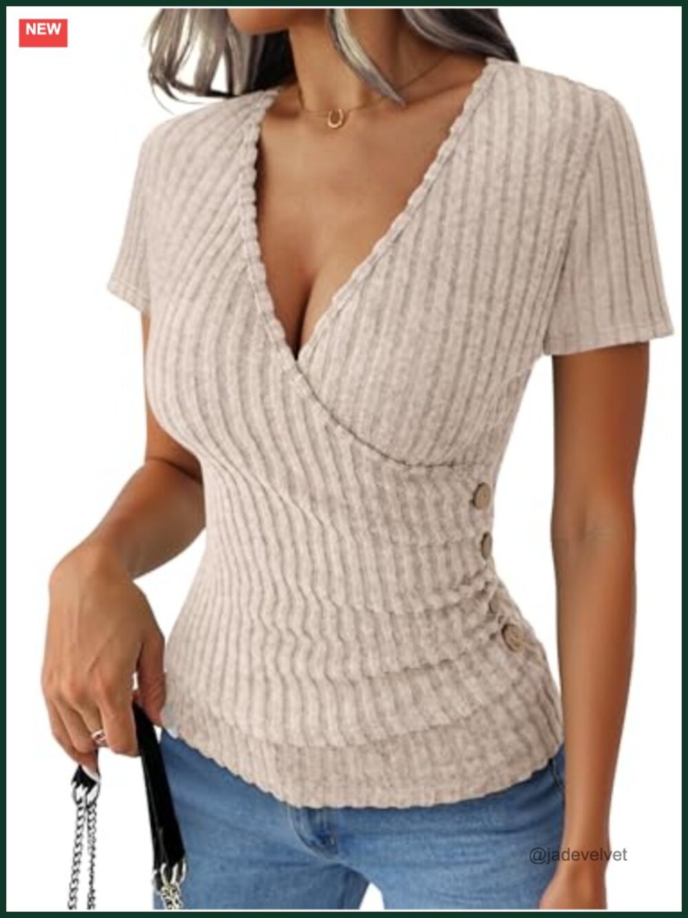 Women's Short Sleeve V Neck Ribbed Knit Slim Fit T-Shirt Top